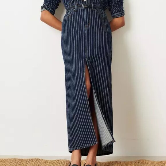 Levi's Premium Ankle Column Denim Skirt Striped Partly Masked Dark Wash NWT - Picture 5 of 12